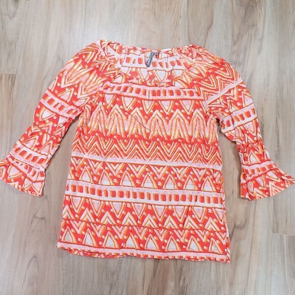 🔺️New Directions Orange & White Boho Bell Sleeve Blouse Small - Picture 1 of 10